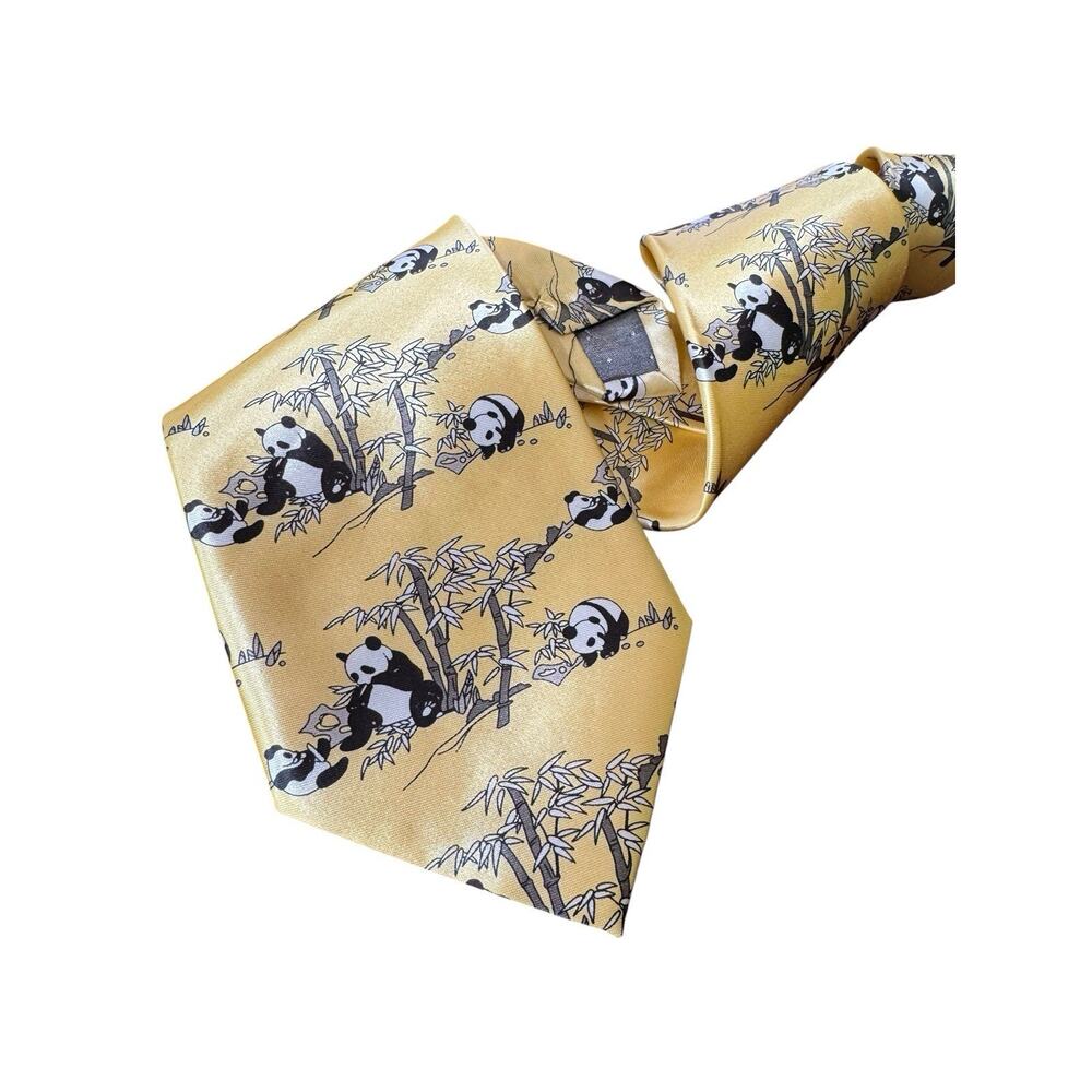 Panda Bamboo Novelty Tie Gold Asian Theme Animal Bear Pattern Necktie Happy Hour